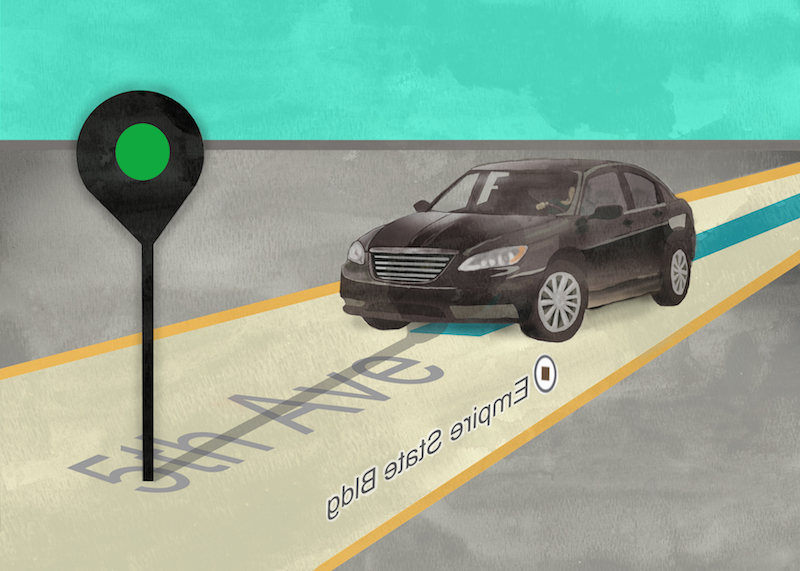 colorful watercolor illustration of a car completing a programmed route on a digital map.
